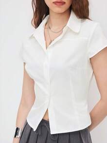 Blusa corta de mujer con cuello y mangas cortas a rayas - Blanco - Ver 3