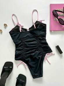 新款女士优雅可爱甜美学院风黑粉色连体泳衣，抽绳打结，不对称/前系带蝴蝶结，适合海滩度假邮轮夏季穿着 - 黑色 - 查看 7