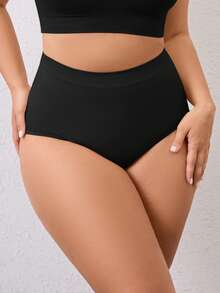 5pcs/Pack Women Plus Size Seamless High Waist Knitted Black Panties, Solid Color Soft Stretchy Full Coverage Ladies Underwear - Black - View 2