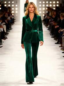GLOURI Elegant Women's Long Sleeve Shawl Collar Velvet Pant Suit With Belted Regular Fit, A Non-Stretch Woven Fabric Two-Piece Set - 綠色 - 查看 1