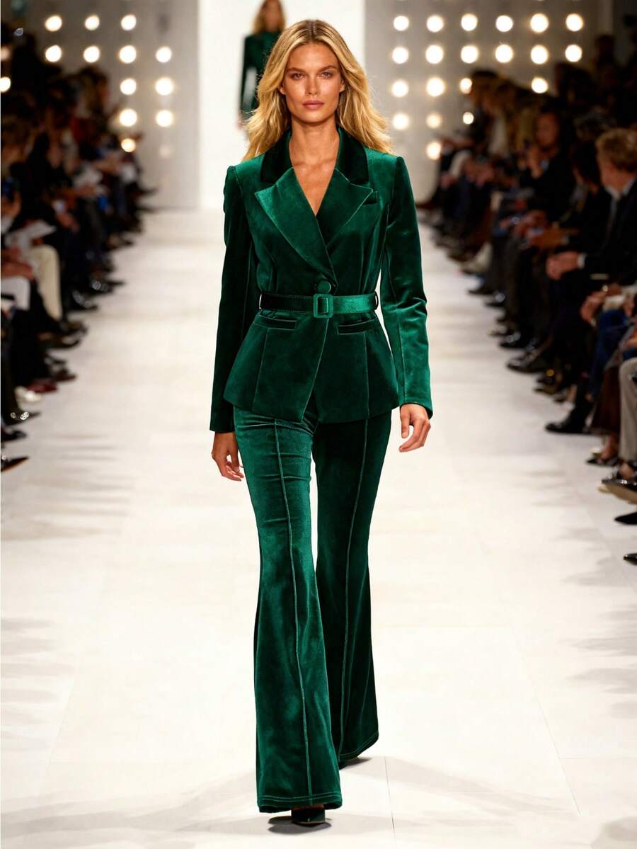 GLOURI Elegant Women's Long Sleeve Shawl Collar Velvet Pant Suit With Belted Regular Fit, A Non-Stretch Woven Fabric Two-Piece Set - 綠色 - 查看 1
