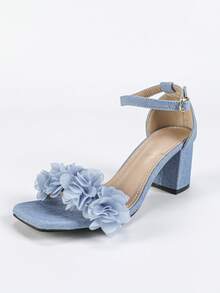 3D Floral Square Toe Women's Shoes, 2.56 Inch Heel Height, Spring/Summer New Elegant Vacation Style Light Blue Summer High Heel Sandals, Suitable For Outdoor Wear, Wedding Bride High Heels, Party Mid Chunky Heel High Heels, Fashionable High-End Women's Heeled Sandals, Shallow Brown Backstrap Ladies' High Heel Shoes - Baby Blue - View 4