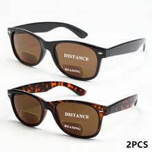 2pcs Square Tea-Color Bifocal Reading Glasses, Multi-Function Lenses With Rivet Temple Design, Suitable For Daily Wear And Outdoor - Black + Leopard - View 12