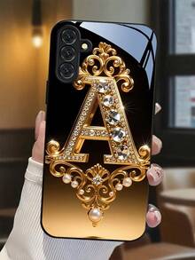 Diamond-Encrusted Letter "A" Badge Tempered Glass Phone Case Suitable For Compatible With IPhone 17,16, 15, 14, 13, 12, 11, PRO MAX,PLUS,Air,As Well As Galaxy S25/24/23/22/21 Ultra/FE/+,A71/56/55/54/53/52/36/35/34/32/26/25/24/23/16/15/14,New Style Of Fashion Creative Design - Nhiều màu - Xem 3
