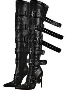 Multi Buckle Strap Over The Knee Pointed Toe Belts Stiletto Heeled Booty Thigh HighChristmas - Black - View 7