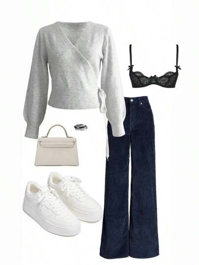 2025 Autumn/Winter Wrap Tie Knit Sweater, White, Women's Essential For Home, Commute, Date, Travel, Suitable For Various Occasions, Light Gray