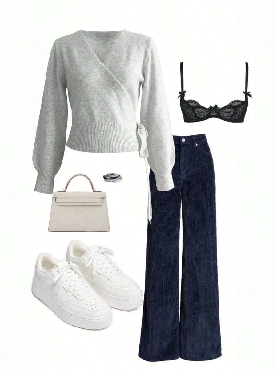 2025 Autumn/Winter Wrap Tie Knit Sweater, White, Women's Essential For Home, Commute, Date, Travel, Suitable For Various Occasions, Light Gray