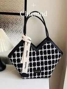 Women's Fashion Solid Color Large Capacity Shoulder Tote Bag With Scarf Gift, Suitable For Shopping, Wallet, Retail, Young Women, College Students, White Collar. Ideal For Office, University, Work, Business, Commute, Outdoor Activities, Travel And Picnic , Office , Valentines Gifts , Beach - Black - View 2