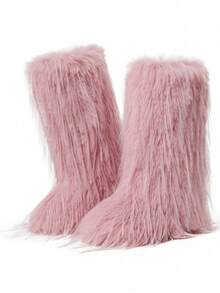 Winter Knee High Boots For Women Pull-On Faux Fur Boots Furry Fluffy Round Toe Fashion Boots Suede Comfy Plush Warm Knee High Boots Outdoor Indoor Flat Shoes Party Dressy Women Winter Boots - 粉紅色-C - 查看 3
