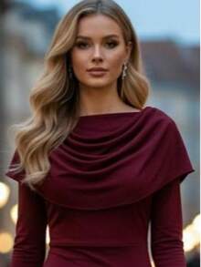 Women's Shawl Collar Draped Burgundy Long Dress
