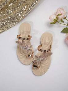 Summer New PU Maple Leaf Women's Flat Sandals, Outdoor Slip-On Comfortable Beach Style Toe-Ring Sandals, Fashionable Solid Color Breathable Non-Slip Soft Bottom Heart Decor Sandals Valentines - 金色 - 查看 6