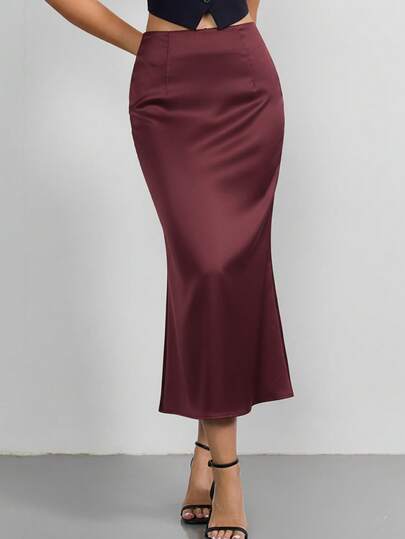 女士纯色优雅长款连衣裙，鱼尾裙摆，适合办公室、通勤、生日、圣诞节、新年、婚礼、日常场合