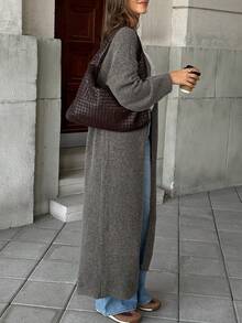 SEREN 秋冬V领长款针织开衫，柔软简约，宽松百搭，韩式休闲风格，适合日常外出和通勤，女士秋季毛衣外套 - 卡其色 - 查看 5