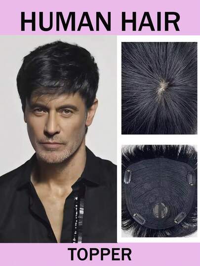 男士假发，自然黑色短款男士假发 - 真人发夹式假发，适合男士日常佩戴 - 遮盖秃顶，尺寸 16x18cm 和 18x20cm，手工制作，自然风格