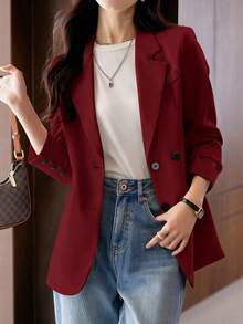 女式单排扣长袖西装外套（袖口带纽扣） - 酒紅色 - 查看 3