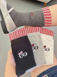 5双复古格子翻边中筒袜，学院风，春秋季