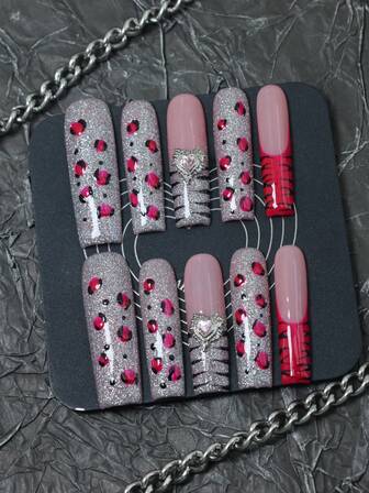 CrystalHola Christmas, 10 Handmade Press-On Nails, Coffin-Shaped French Long Nails, Silver Glitter Nail Surface With Hand-Painted Leopard Print, Stripes, Heart Gemstones, Full Coverage Design, Removable And Reusable, Durable, Unique Summer Nail Art, A Must-Have Fashion Accessory For Parties And Weddings.