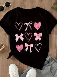 Pink Hearts And Bows Graphic T-Shirt Women Casual Summer Top Valentine's Day Cute Printed Tee Shirt - 黑色 - 查看 3