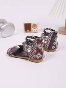 1 Pair Bohemian Embroidered Beaded Strap Travel Roman Sandals - Black - View 3