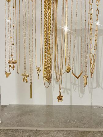 17KM 14件套简约时尚复古硬币、爱心、蝴蝶结、几何基础款链坠项链套装，送给女性、姐妹、情侣的礼物，适合度假、约会、休闲、派对、婚礼、圣诞节、情人节等场合。