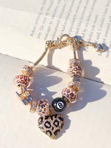 1 件豹纹樱桃 8 号台球串饰手链、1 件豹纹心形手链、1 件豹纹手链、1 件豹纹星星 DIY 手链、复古音乐节时尚手链 - 金色 - 查看 9