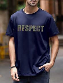 2025 Men's Casual Letter Print Round Neck Short Sleeve T-Shirt, Summer - Navy Blue - View 3