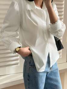 Sonniges, mädchenhaftes Herbst Damen Weihnachts Lässig Straßen Pendler Koreanischer Stil Loose Einfarbig Langarm Baumwolle Weiß Hemd