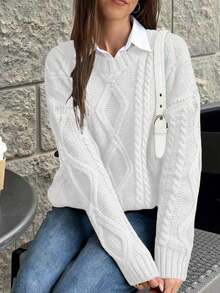 FOR BEAUTY 秋冬新款圆领扭结印花长袖针织衫，女士宽松白色简约通勤风休闲套头衫，长袖保暖慵懒风上衣，新年必备 - 白色 - 查看 4