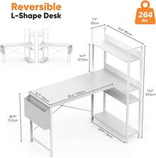 DUMOS Computer L Shaped Desk With Shelves 47 Inch, Reversible L-Shaped Corner Desks With Storage Monitor Stand Adjustable Bookshelf Side Bag, Wood Table For Home Office Bedroom Writing Gaming, White - White - View 4