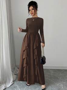 Solid Color Casual Elegant Conservative Ruffle Hem Dress, Suitable For Daily, Festivals, Birthday Parties, Valentine's Day And Other Occasions In Autumn - Coffee Brown - View 8