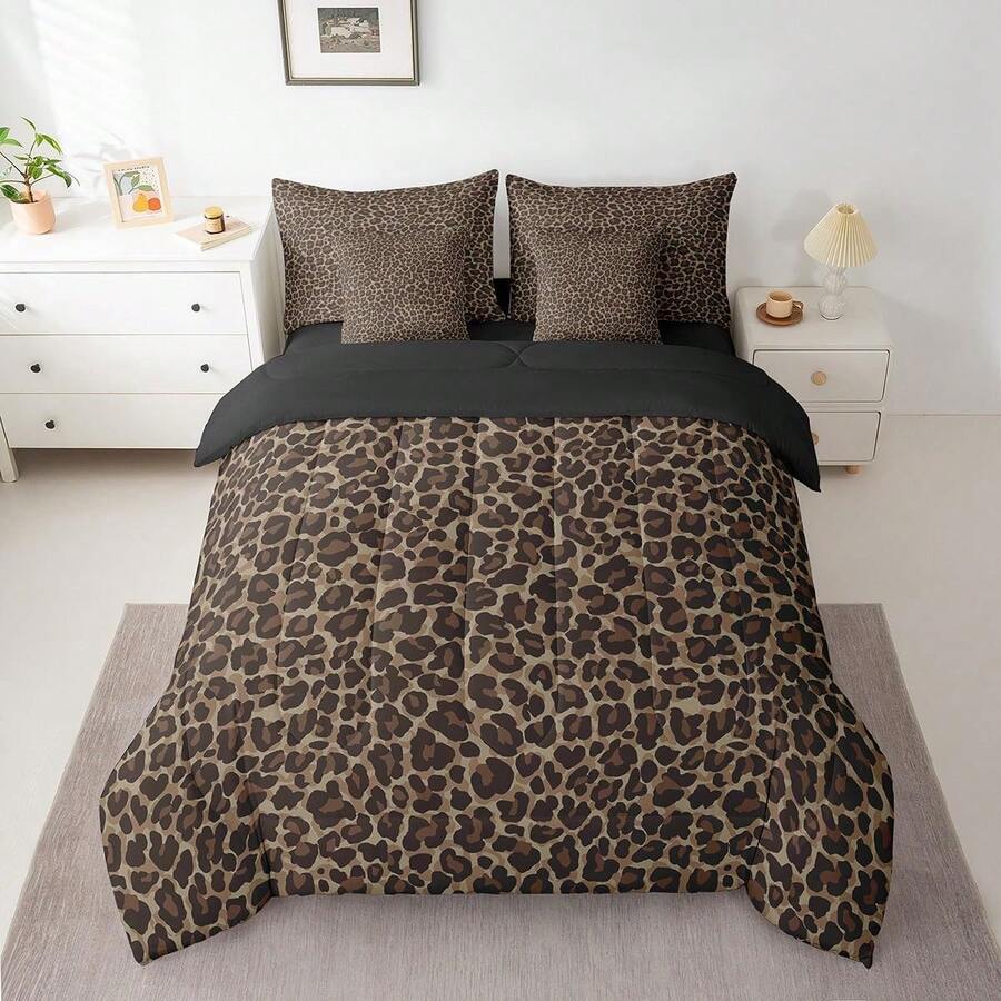 Erosebridal Cheetah Print Comforter Set, Leopard Bedding Set, Animal Texture (Comforter+Fitted+Flat Sheet+2 Pillowcases+2 Throw Pillow Covers) 7 Pieces Bed Set, For Valentine's Day, Christmas Happy New Year Room Decor, Perfect Gift For Birthday Housewarming - 黑色棕色 - 查看 1