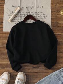 Women's Autumn/Winter Casual Loose Sweatshirt With Beverage, Rose Flower & Letter Print, Versatile Holiday Style Top, Suitable For Daily Wear, Fashionable Autumn/Winter Spring Black - Black - View 4