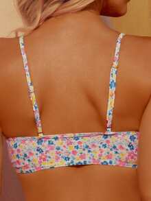 wohenmeili 休闲花卉印花高腰吊带比基尼套装，带十字交叉露背细节，高弹力两件套泳衣 - 白底藍黃粉 - 查看 9