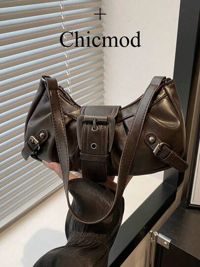 1pc Women's Retro Biker Punk Style Rivet Decor Adjustable Strap Large Capacity Soft Faux Oiled Leather Ombre Color One Shoulder Underarm Bag, Suitable For Work, Commute, Date, Party , Goth