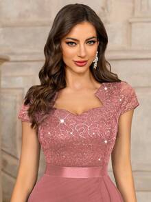 MIUSOL Sequin Lace Sweetheart Neck Ruffle Hem Cocktail Party Bodycon Dress Wedding Spring - Dusty Pink - View 9