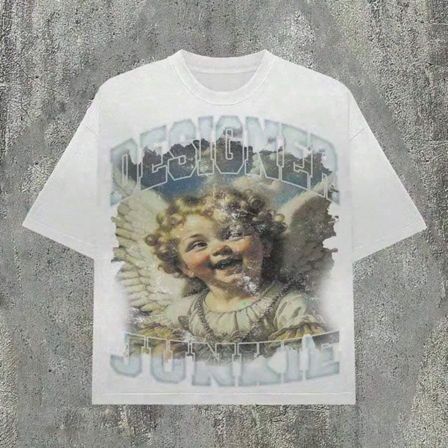 Teen Girl Holiday Graphic Tee, "Designer" Letter Angel Pattern T-Shirt, Teen Girl Summer Clothes, Christmas Ready Y2K Top, Faith Inspired Outfit, Gift - 白色 - 查看 1