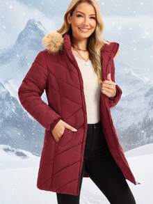 Women's Winter Puffer Coat With Removable Hood Double Zipper Thickened Long Parka Jacket With Elastic Waistband Equipped With Fleece-Lined Zipper Pockets - 酒紅色 - 查看 2