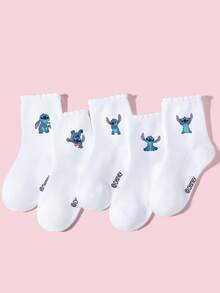 Disney Stitch 兒童女童襪 5雙裝 春夏四季通用 英倫學院風 荷葉邊泡泡袖口 百褶襪 愛心星星卡通 Stitch 圖案裝飾 時尚個性 柔軟透氣 舒適吸濕排汗 防異味 白色運動中筒襪 休閒百搭 適合旅行/親子活動/校園穿搭/日常穿著 - 彩色 - 查看 11
