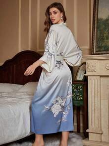 复古优雅宽松花卉印花中长渐变和服罩衫，系带性感长袍，沙滩罩衫，泳衣裹身裙，夏季轻薄外套 - 藍白色 - 查看 2