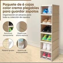 Zapatera Plegable y Vertical con Cubierta Transparente – 6 Cajas de Almacenamiento  Neutro (25.5*20*34.5 cm por caja), Ideal para Closets y Hogares Modernos - Crema con tapa transparente - Ver 6