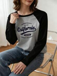 1pc Women's Casual Round Neck Letter Print Contrast Color Loose Fit Long Sleeve T-Shirt Top, Autumn Spring - Dark Gray - View 5