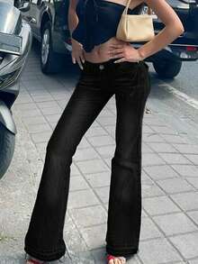 NVFelix 2026新款女士修身低腰喇叭牛仔裤，采用渐变染色细节、刺绣口袋和弹力面料，融合了Y2K街头风和优雅风格，适合春夏休闲穿着，深黑色 - 黑色 - 查看 4