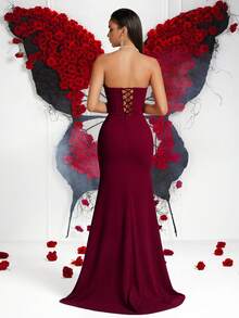 Women's Elegant Solid Color Tube Top High Waist Lotus Leaf Three-Dimensional Flower High Slit Backless Lace-Up Floor-Length Prom Party Dress For Prom Gown Wedding Guest Dancy Party Homecoming Date Night Formal Dinner Birthday Party Festival Party Family Party