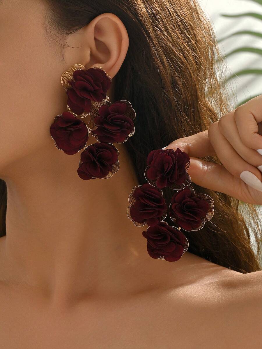 1 Đôi bông tai voan họa tiết hoa phóng khoáng thời trang, phong cách Bohemian bãi biển, nghỉ dưỡng, nhẹ nhàng, thanh lịch với nhiều lớp hoa voan, phù hợp cho phụ nữ đeo hàng ngày, dự tiệc và đi nghỉ mát (Làm thủ công, có thể có một vài vết keo nhỏ) - Màu Đỏ Sâu - Xem 1