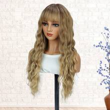 Women's Golden Brown Water Wave Wig With Bangs, Made Of High-Temperature Resistant Synthetic Material, Suitable For Everyday Wear, Holidays, And Party Outfits.