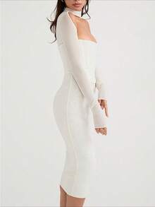 Double Layers Long Sleeve Mesh Bodycon Long Dress Women Elegant Cocktail Semi Formal Prom Wedding Guest Dress, For Birthday, Graduation, Dinner, Homecoming Party Dress - 白色 - 查看 5
