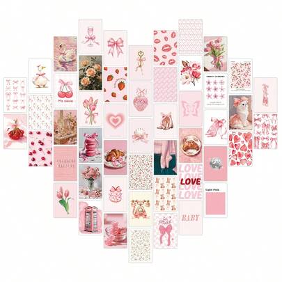 50pcs Pink Art Postcard Set, Aesthetic Picture Wall Collage Kit For Dorm Home Decor, Indie Room Decor For Bedroom, Suitable For Collecting And Gifting, Small Posters
