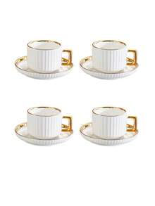 1 Set Ceramic Cup & Saucer Set, Ceramic Tea Cup And Plate, Coffee Cup And Saucer, European Style Gold Rim Drinkware For Breakfast, Tea Party, Ramadan Afternoon Tea, Home, Garden, Restaurant, Suitable For Summer And Winter - White - View 13