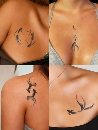 1 pieza Tatuaje temporal falso Tatuajes semipermanentes Tatuaje de cola de pez sirena Pez dorado Resistente al agua y al sudor Dura de 1 a 2 semanas Realista Jugo de hierbas Anti-fricción No reflectante Negro para mujer y hombre Pegatinas de tatuaje para brazo, pecho, pierna, abdomen, cintura, dedo, cuello, columna, arte corporal modernista