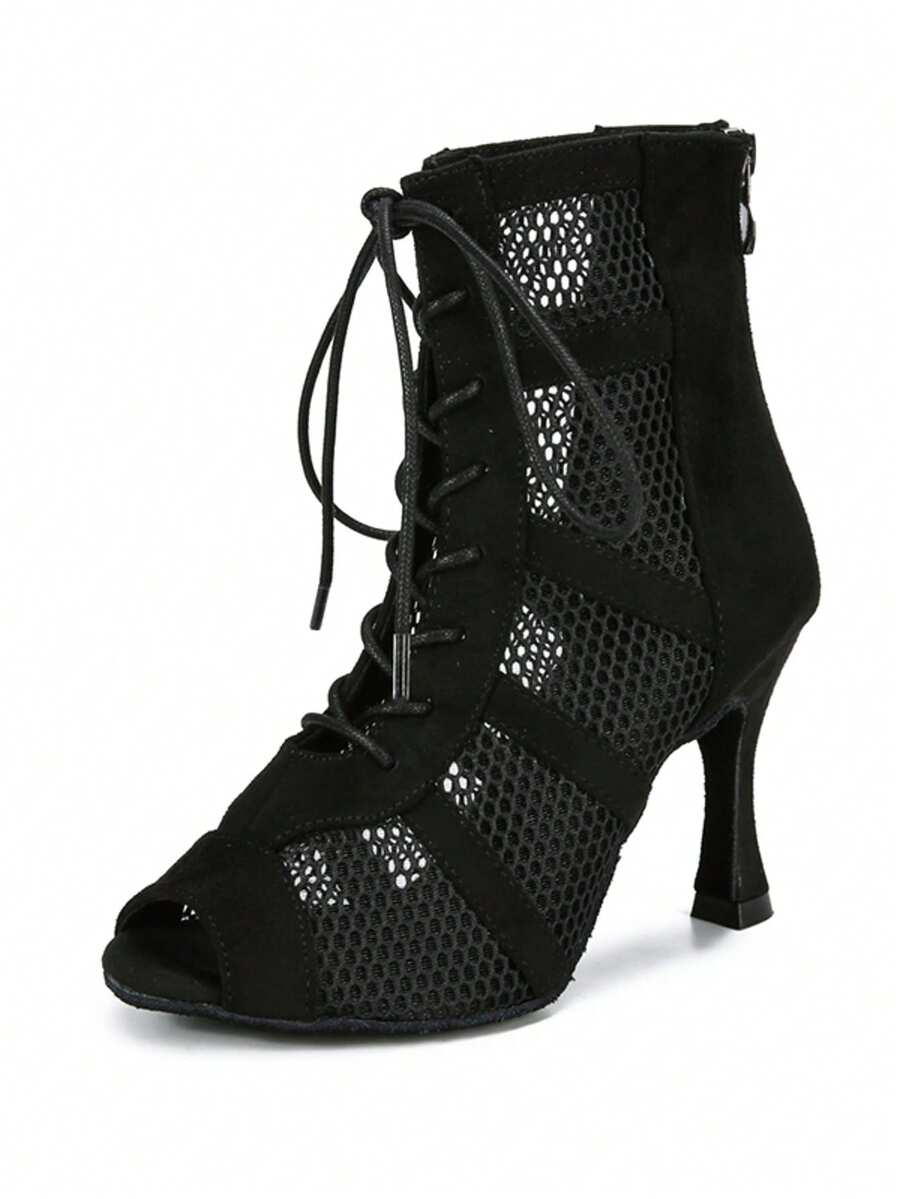 1 Pair Black Velvet + Mesh Sexy Fashion High Lace-Up Latin Dance Boots - Black - View 1
